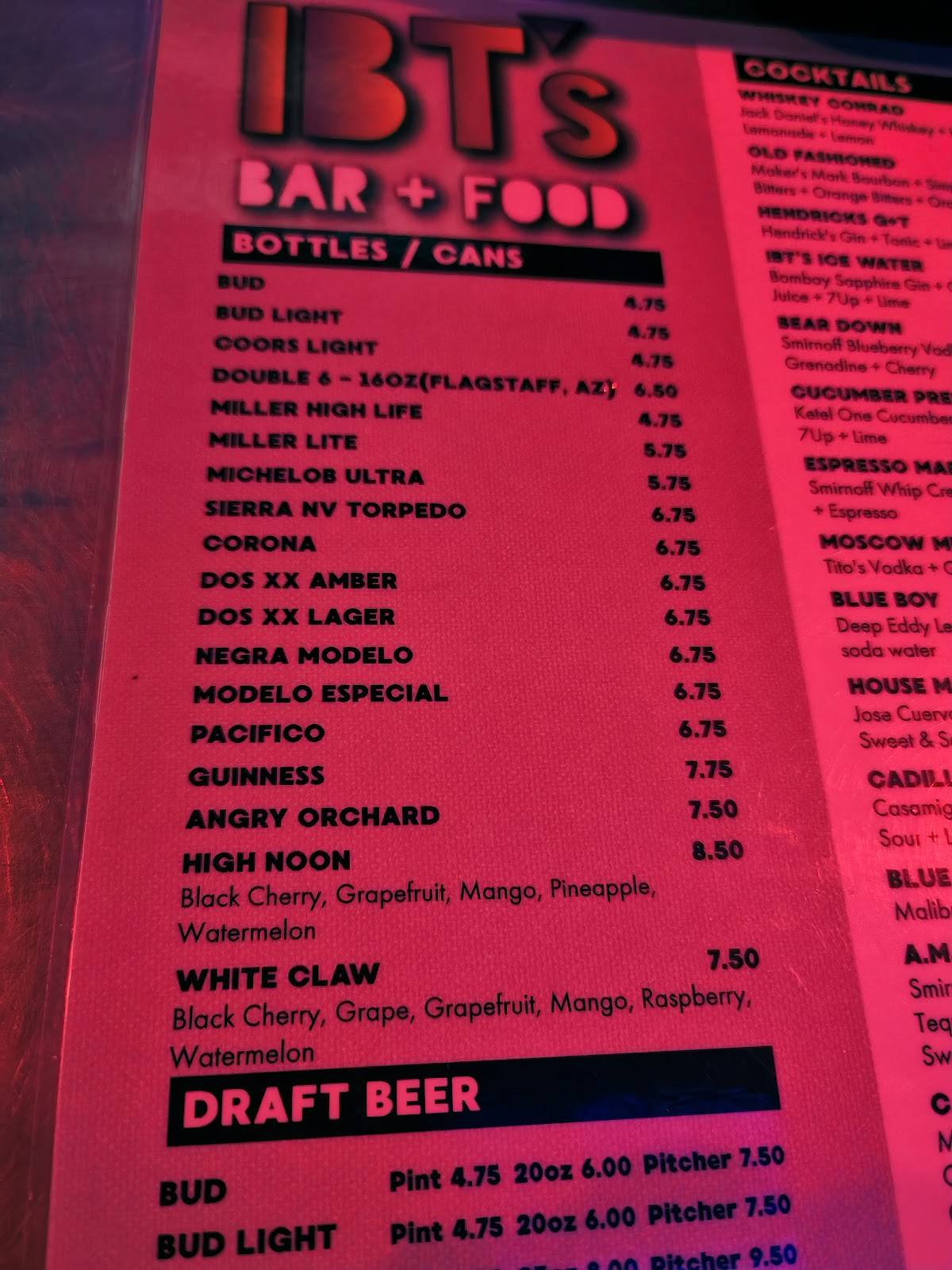 IBT's Bar + Food меню