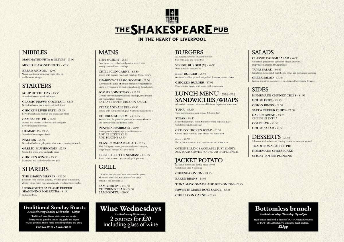 The Shakespeare меню