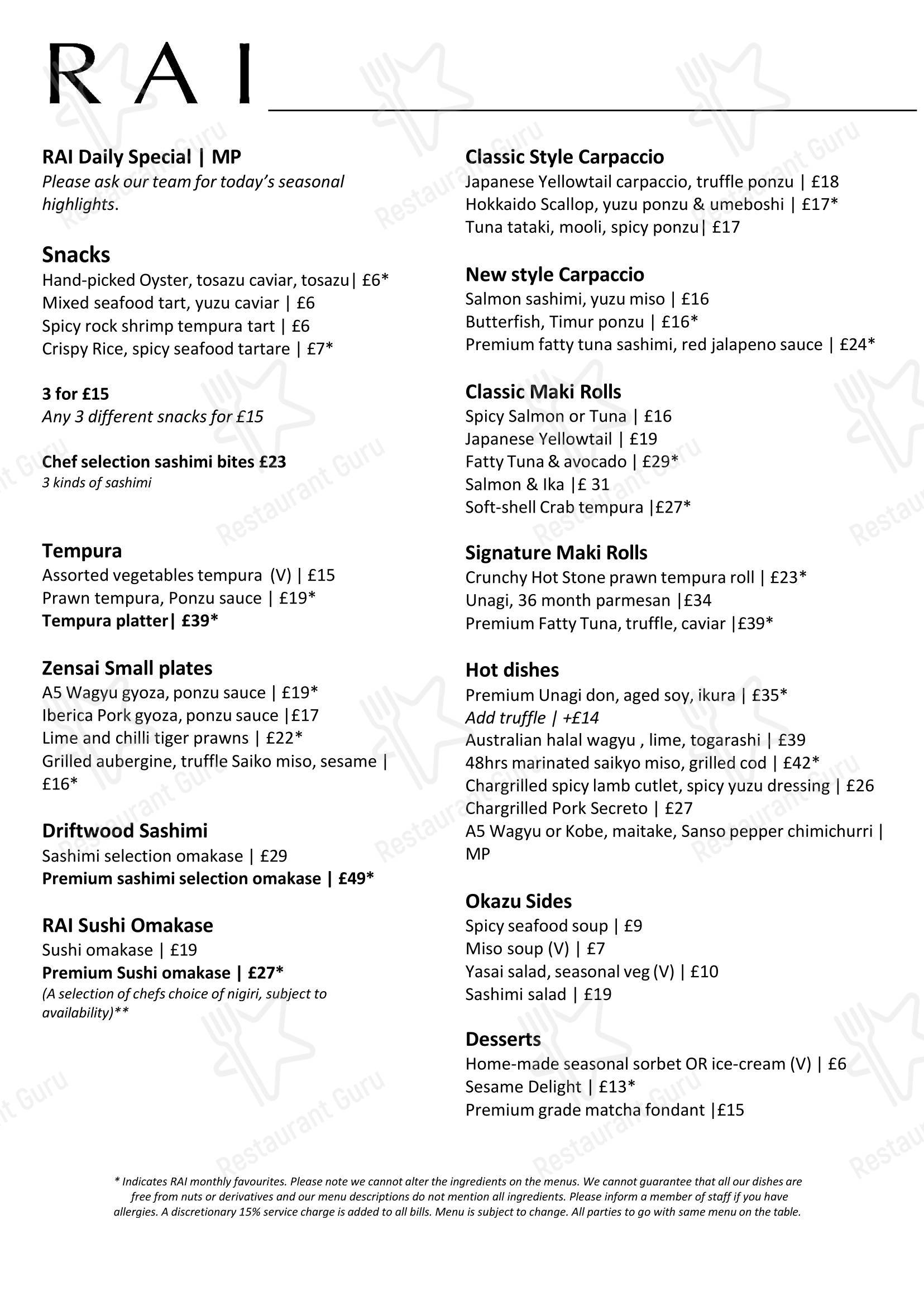 RAI Restaurant London в Лондоне - Меню