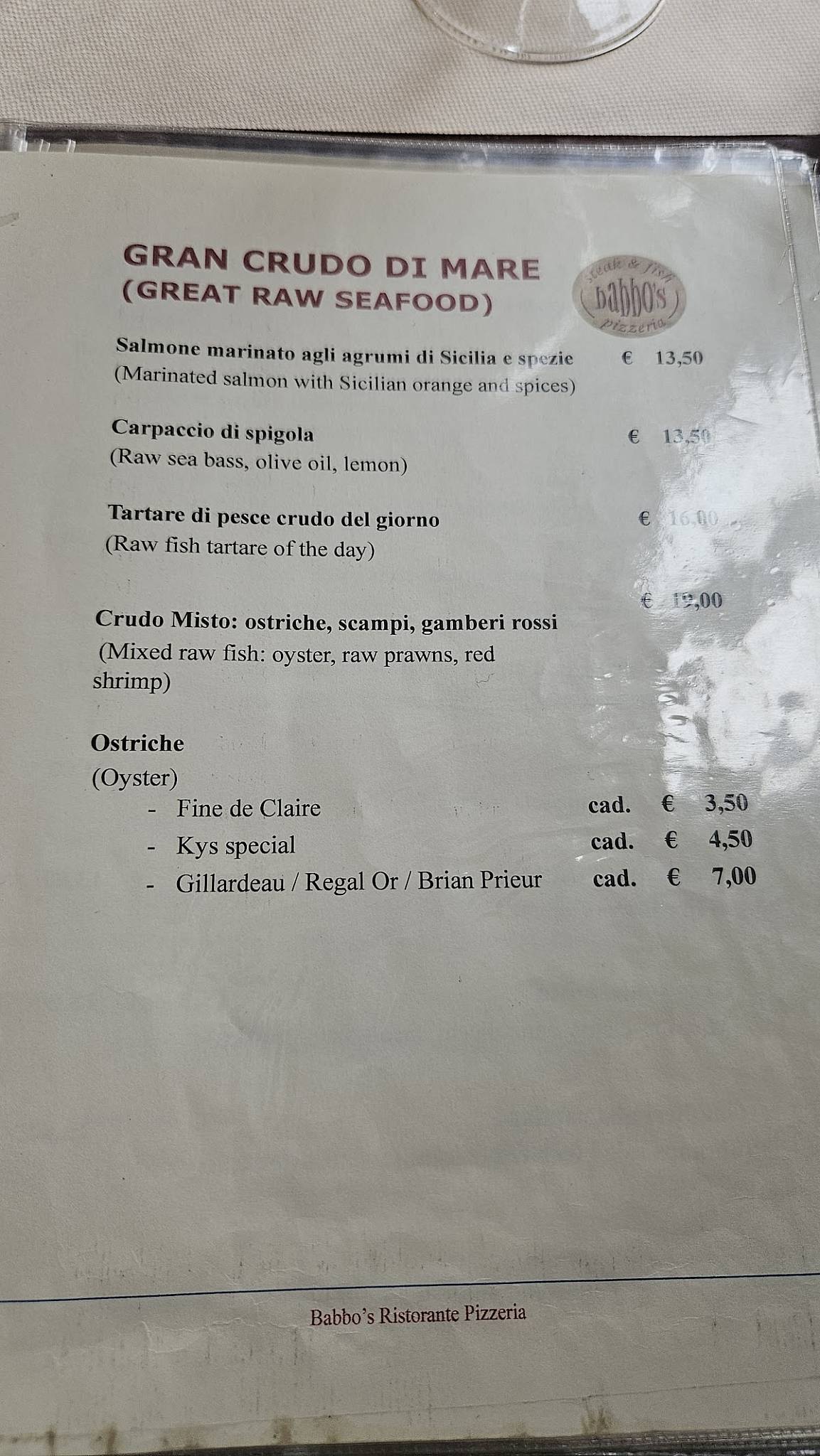 RISTORANTE BABBO’S меню