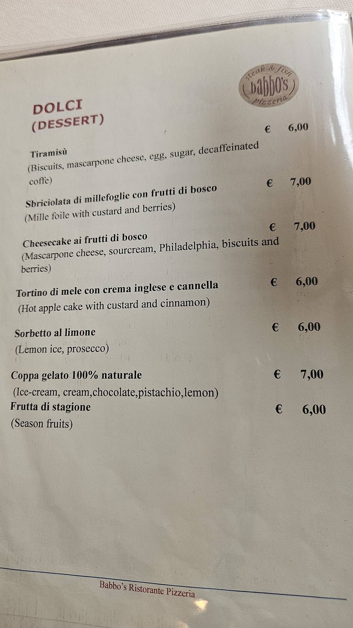 RISTORANTE BABBO’S меню