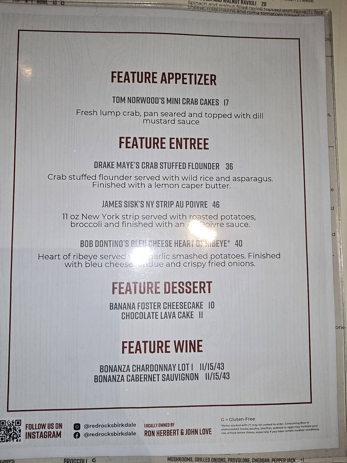 Red Rocks Cafe: Birkdale Village меню