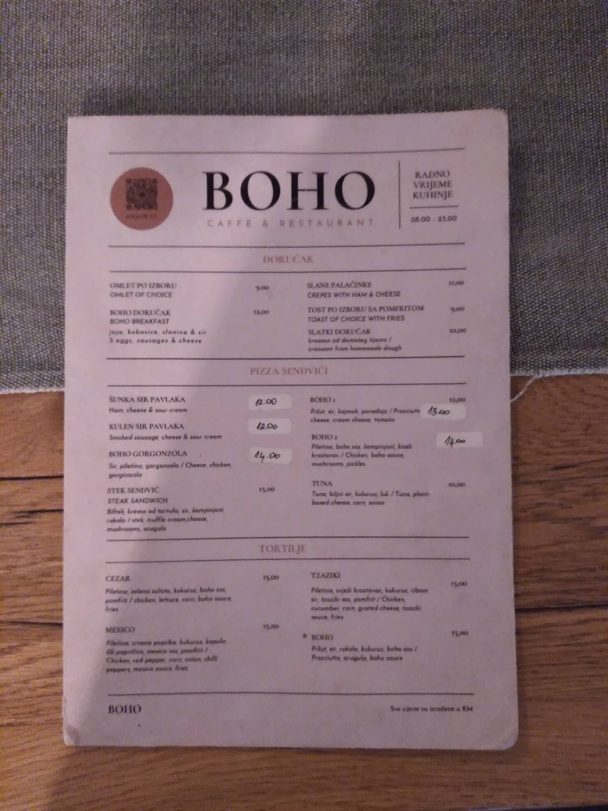 BOHO меню