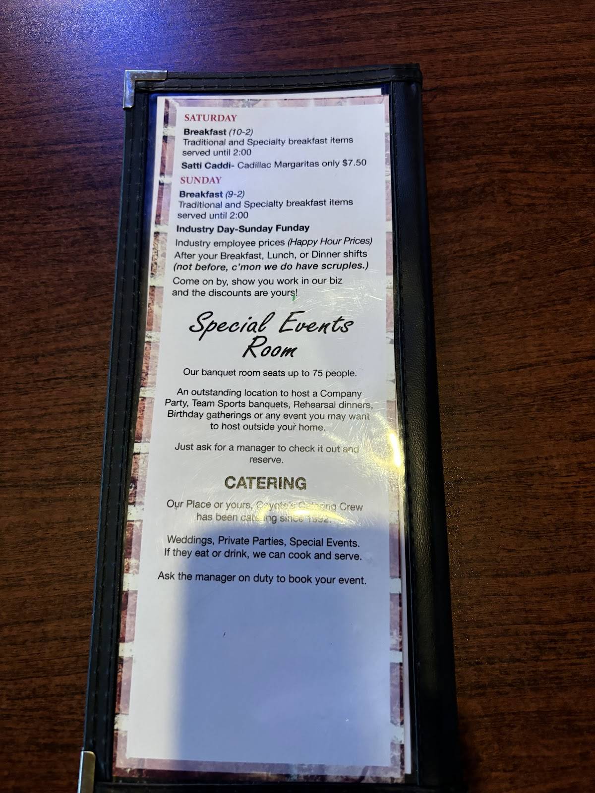 Coyote's Adobe Café меню