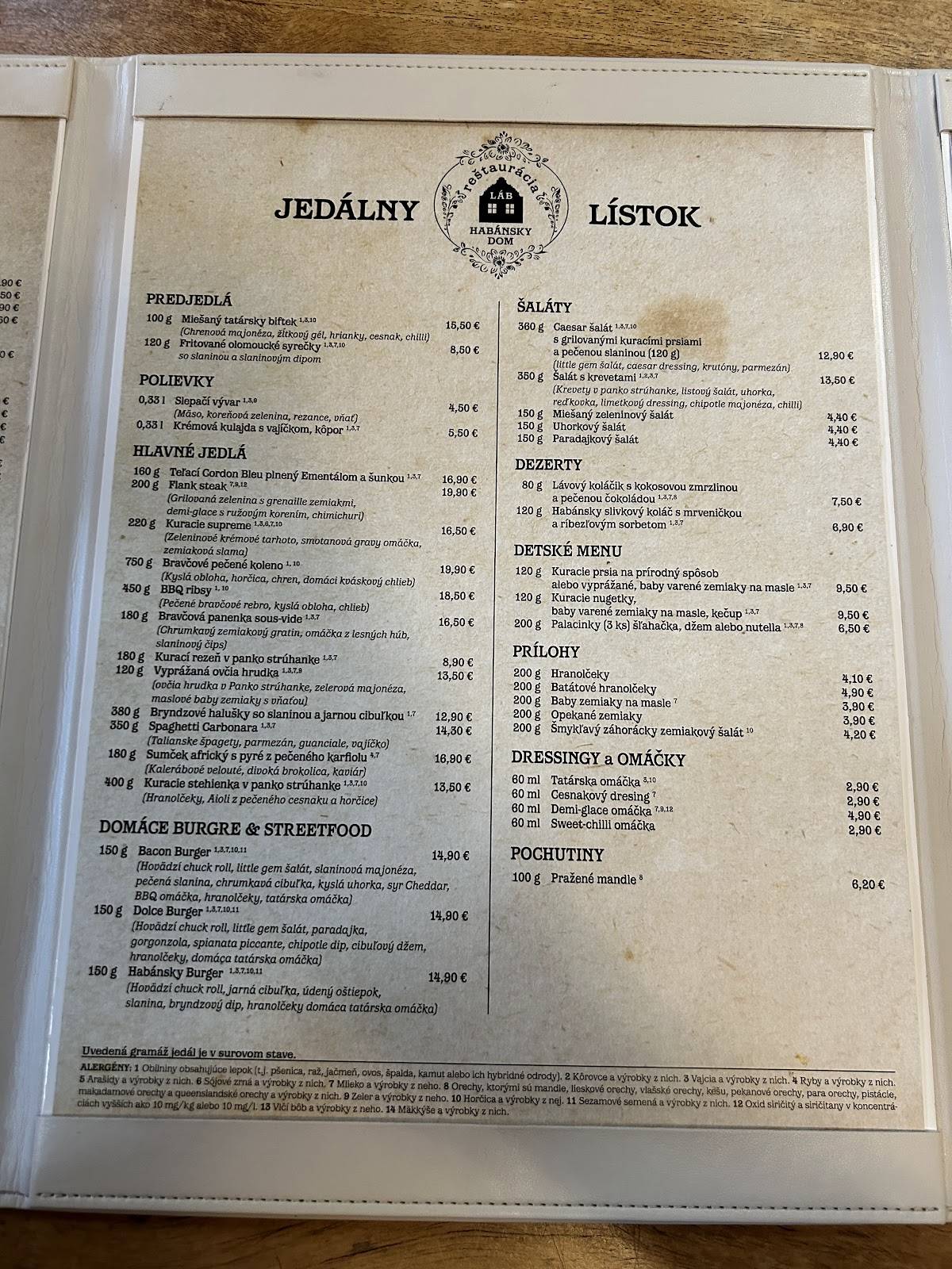 Habánsky dom меню