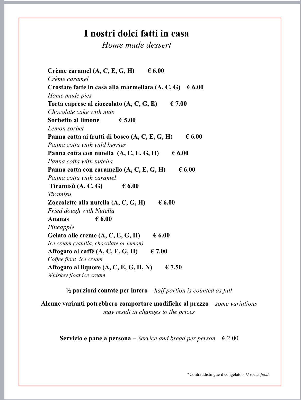 Miraggio Trastevere меню