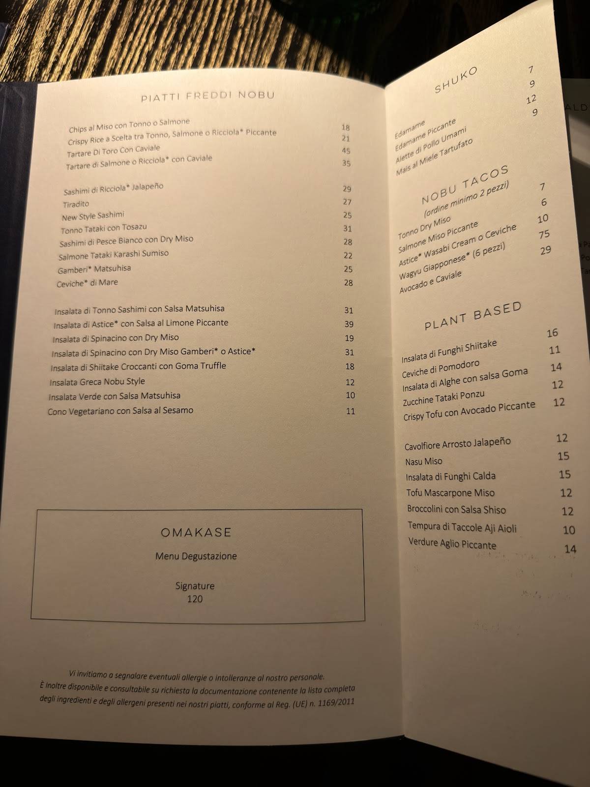 Nobu Restaurant Roma меню