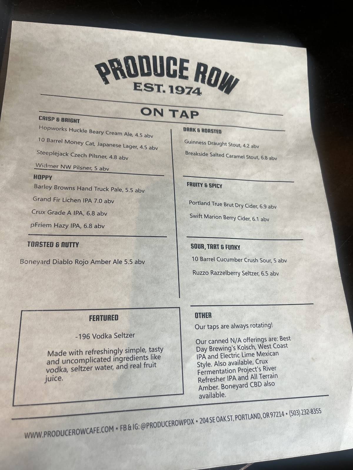 Produce Row Cafe меню