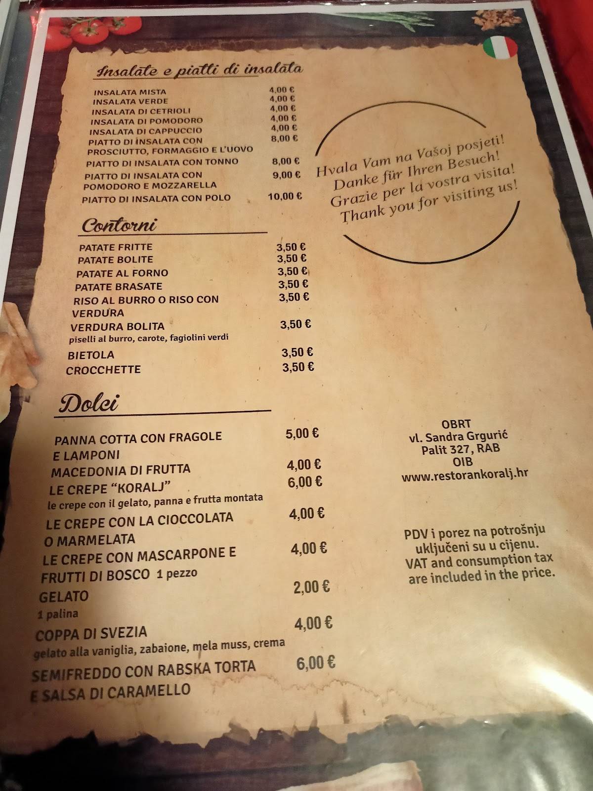 Restoran Koralj меню
