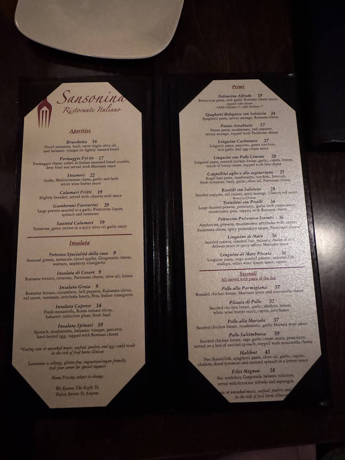 Sansonina Ristorante Italiano меню