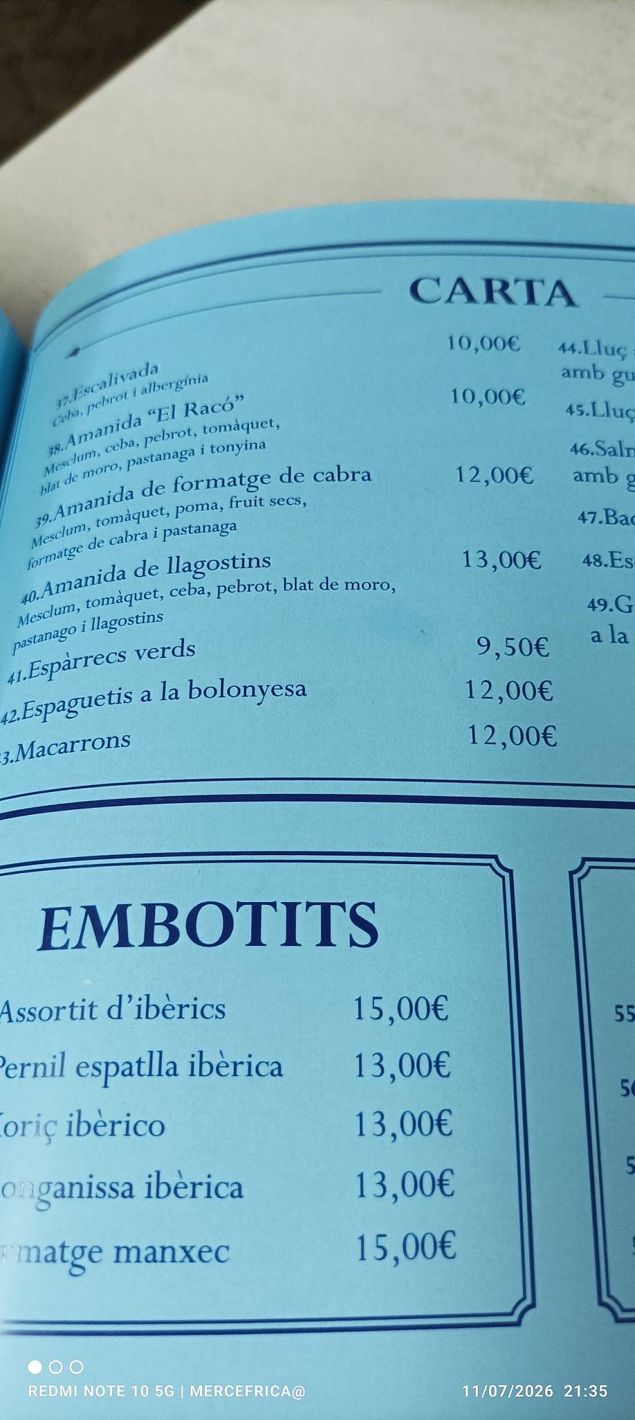 Restaurant - Taperia El Racó del Port (Llançà) меню