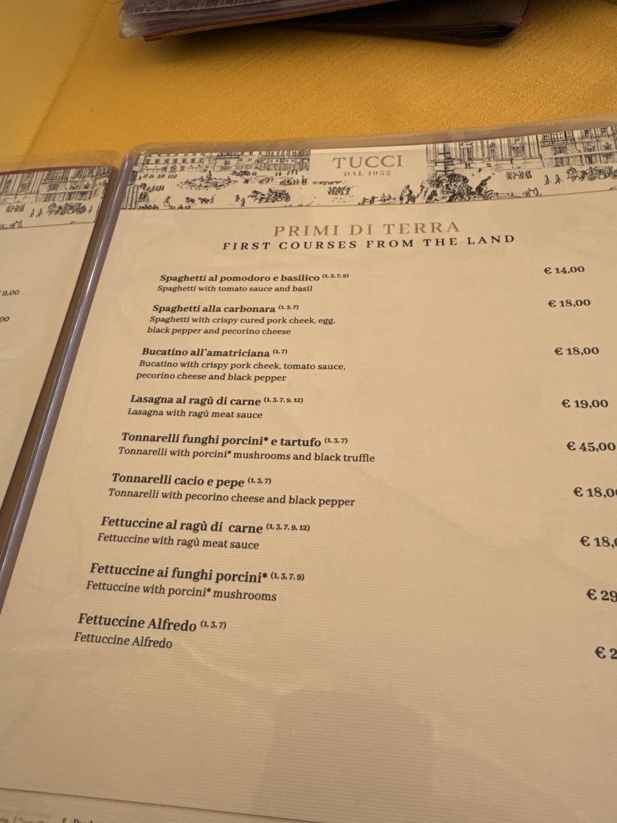 Restaurant Tucci меню