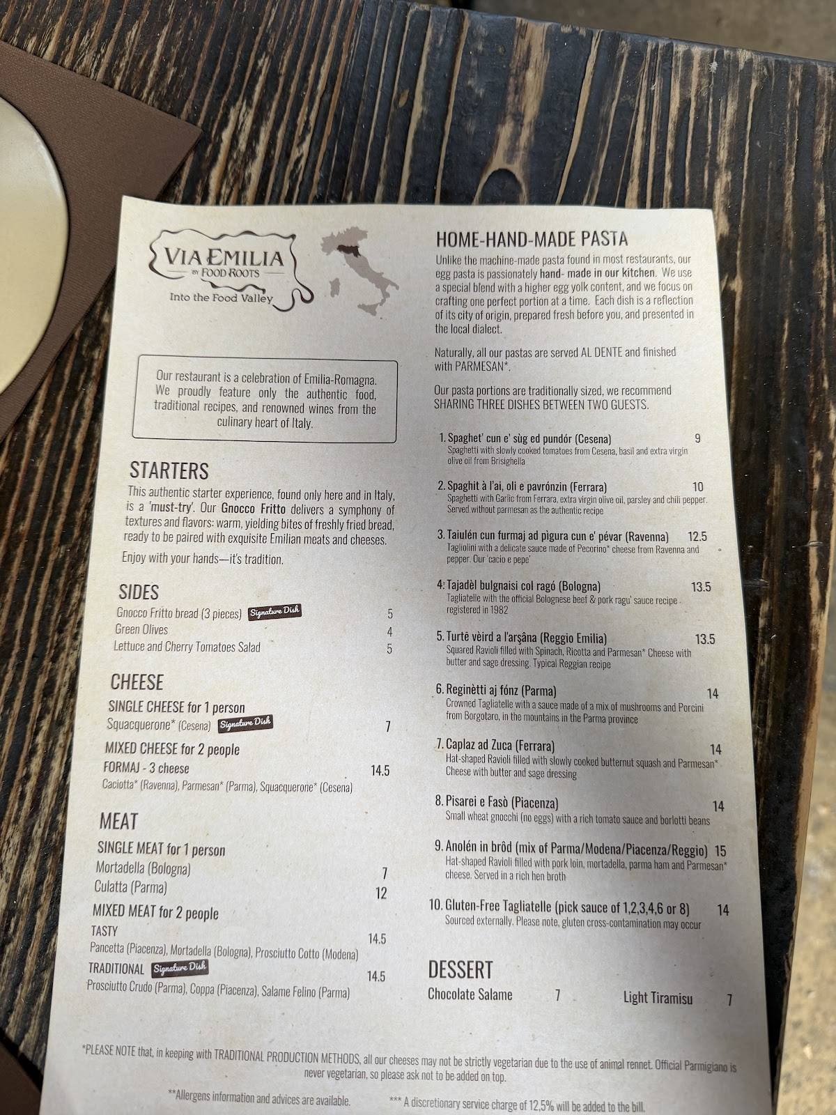 Via Emilia by Food Roots - FITZROVIA меню