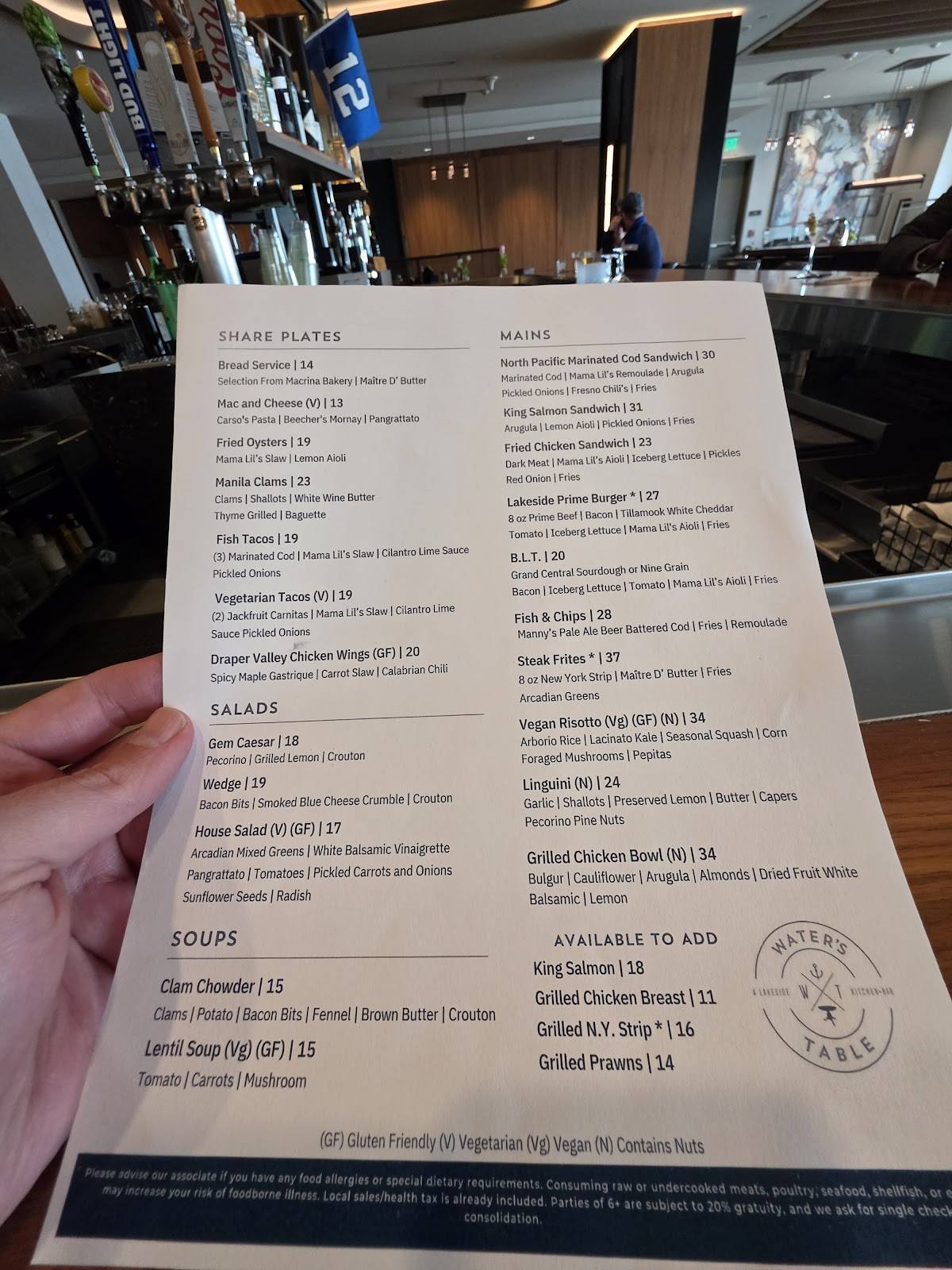 Water's Table-Renton Restaurant меню