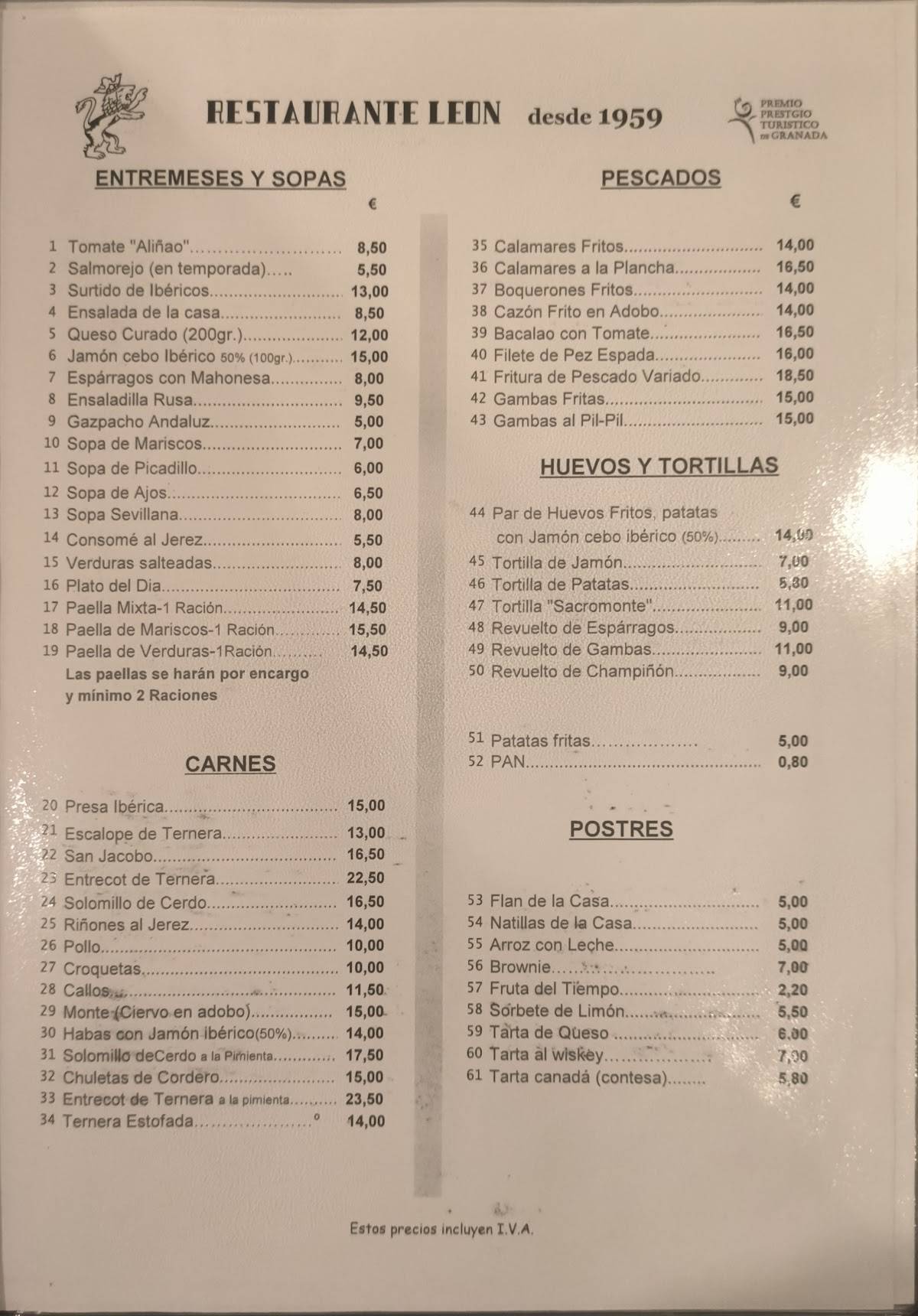 Restaurante Bar León меню