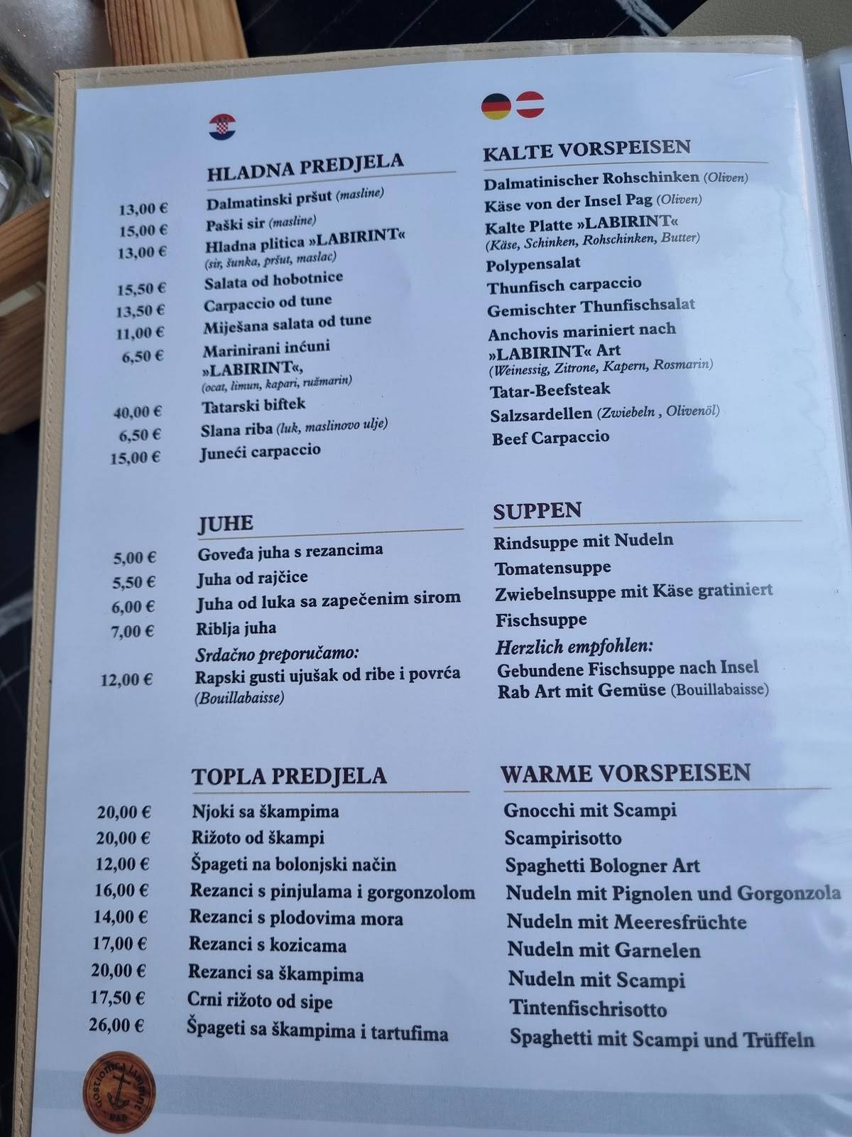 Restoran Labirint меню