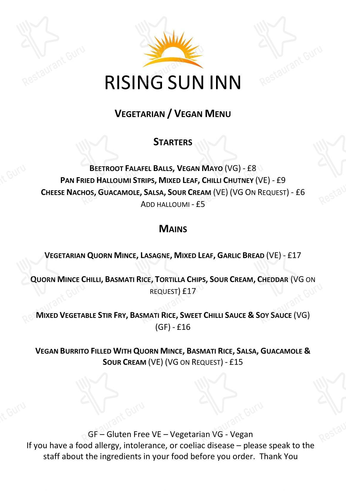菜单 паба и бара Rising Sun Inn в Кланфилде