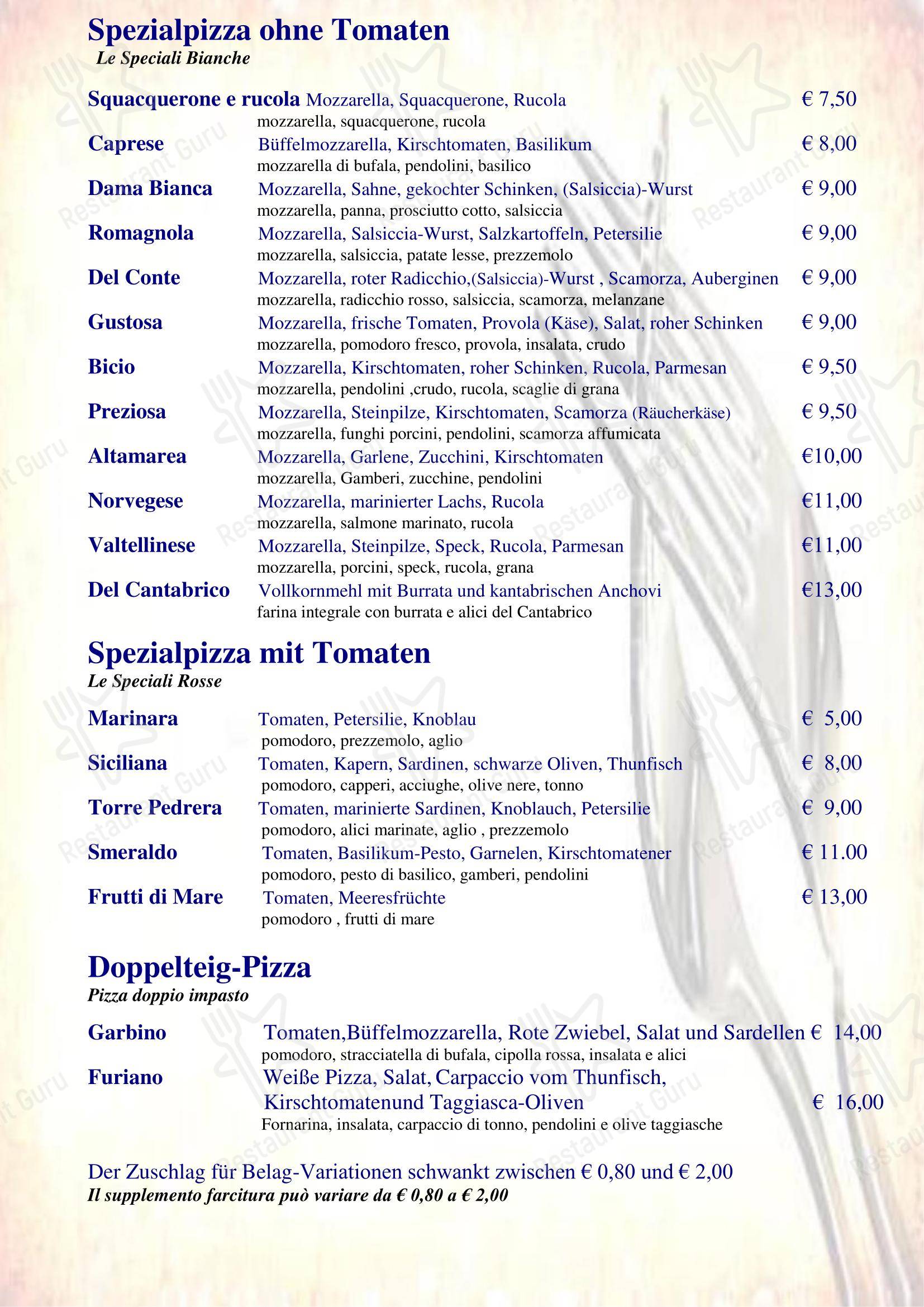 Основное меню кафе Ristorante Pizzeria Altamarea
