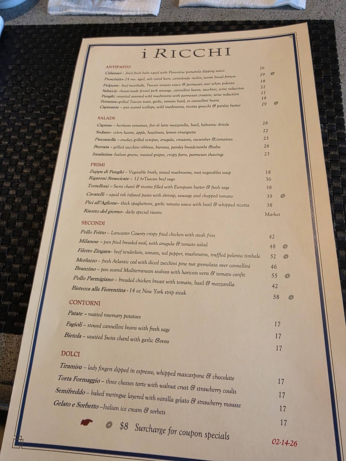 Ristorante i Ricchi меню