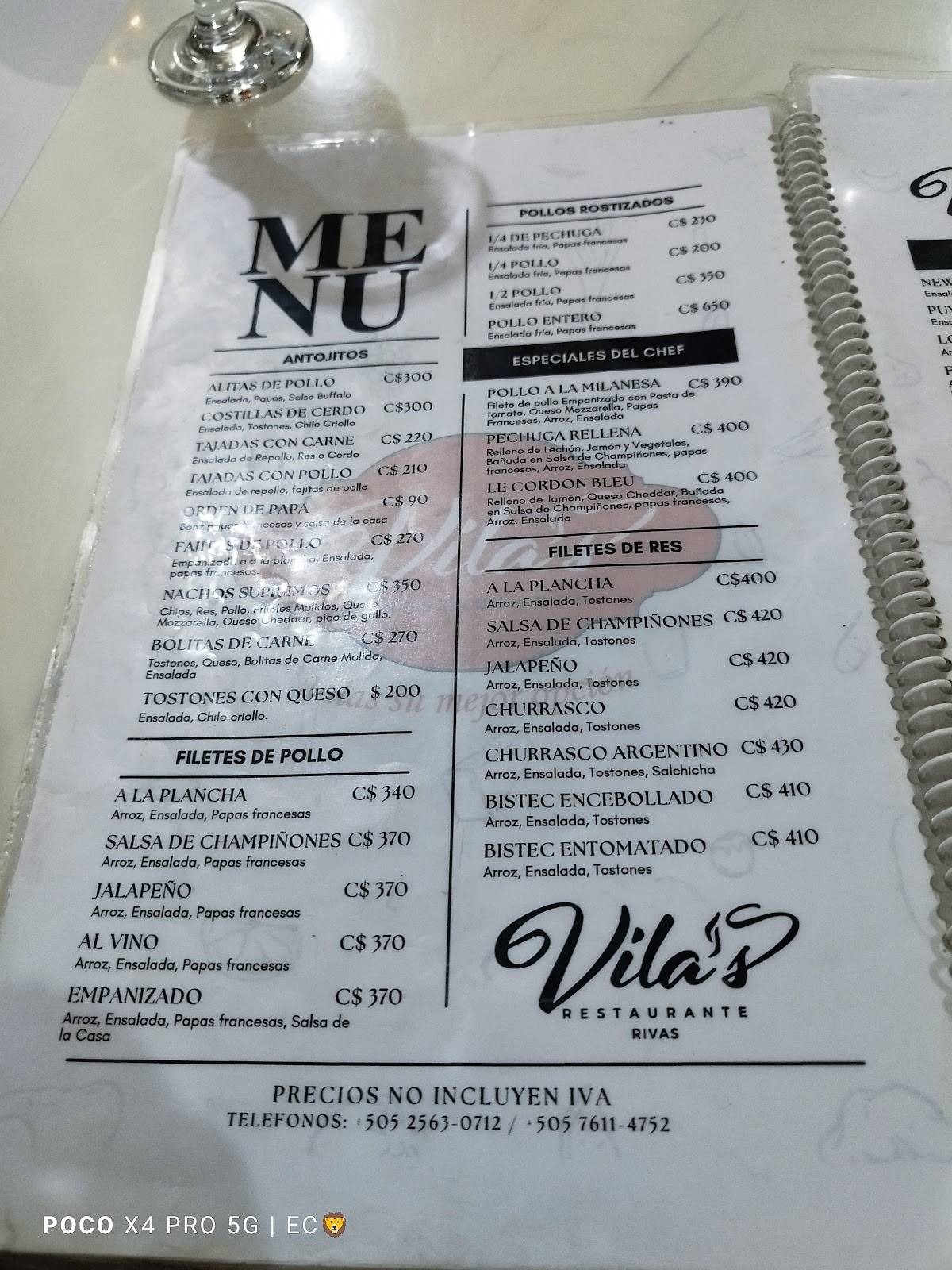 Vila's Restaurante, Rivas Nicaragua меню