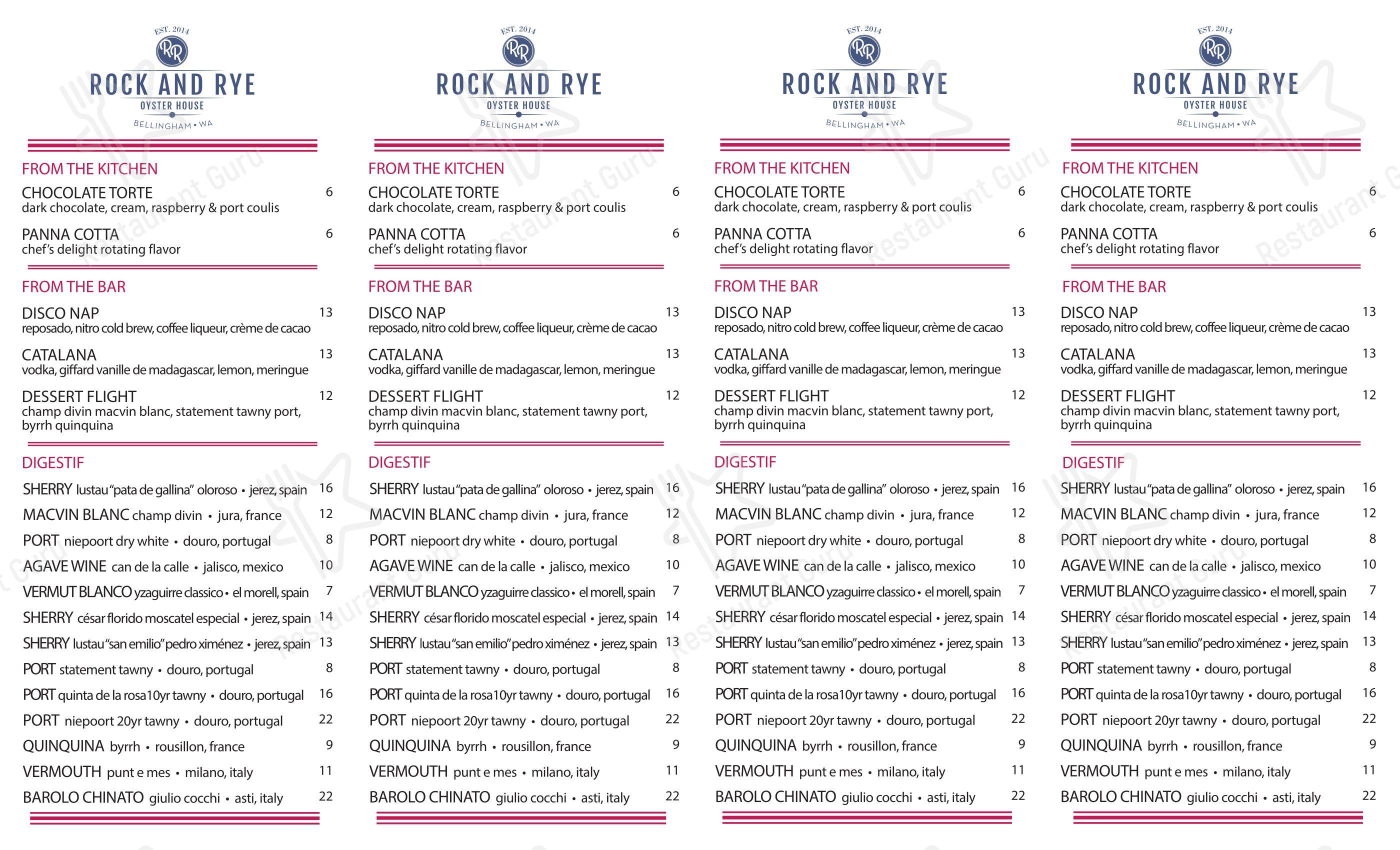Rock and Rye Oyster House в Беллингхеме - Dinner Menu