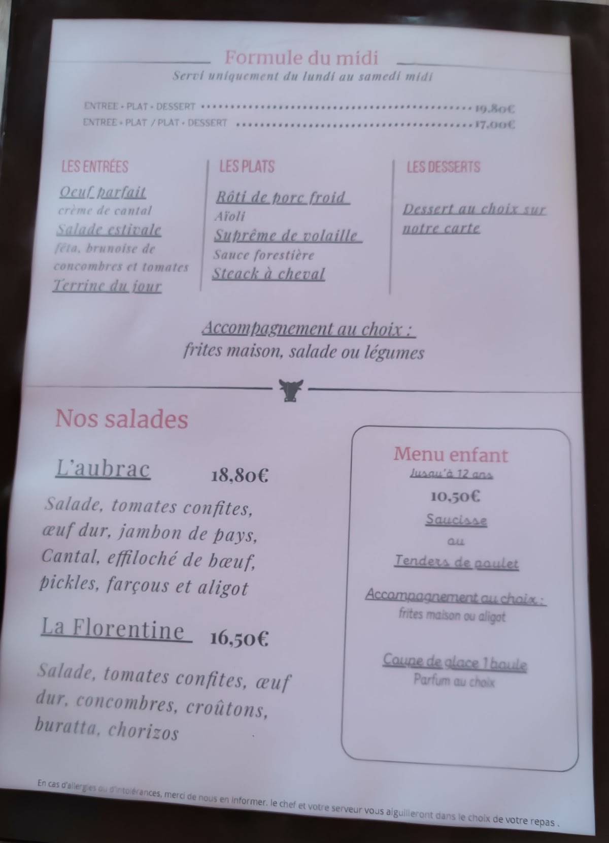 L'Aubrac Rodez меню