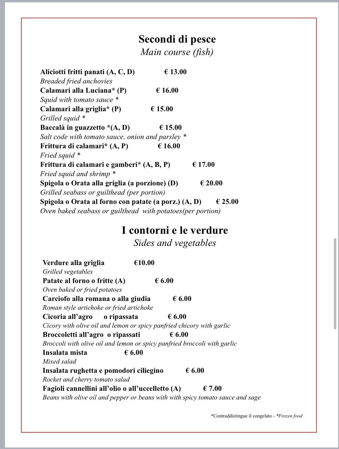 Miraggio Trastevere меню