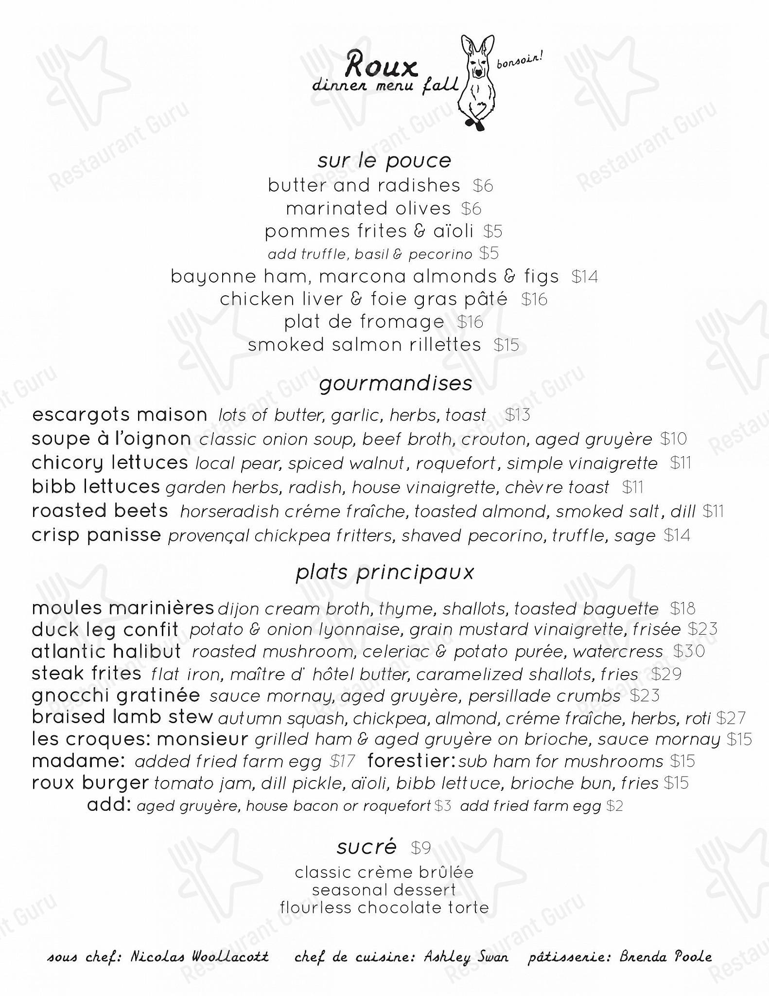 Buffet Menu паба и бара Roux