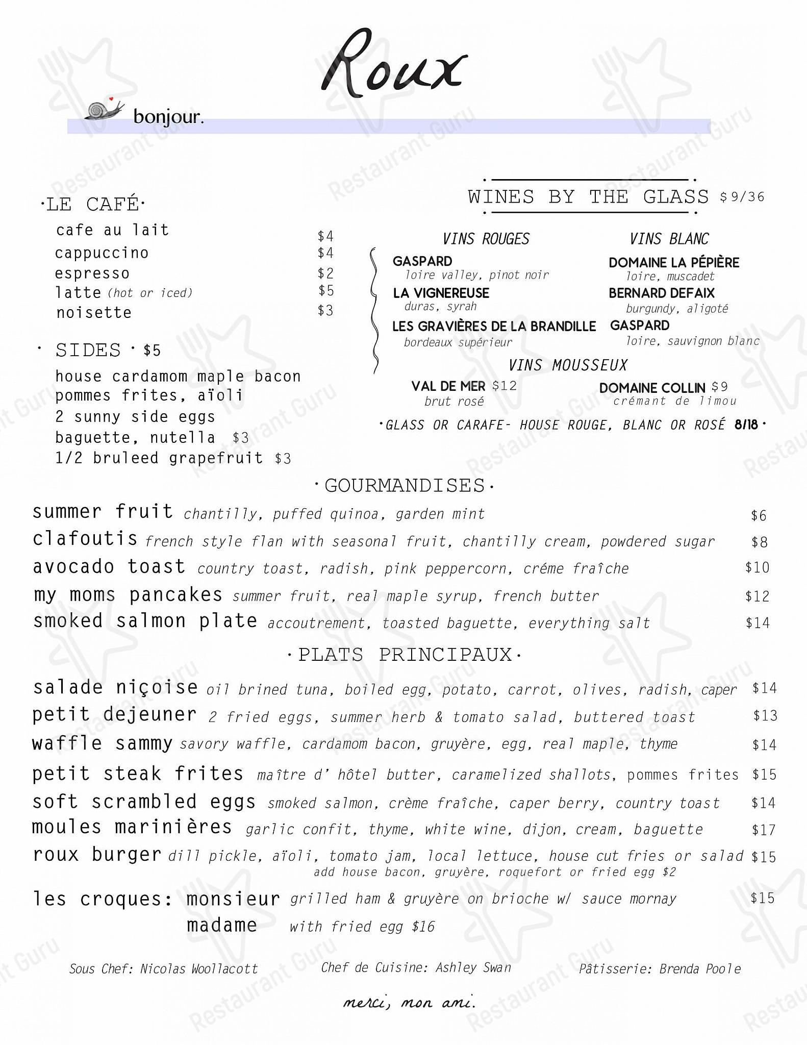 Buffet Menu паба и бара Roux