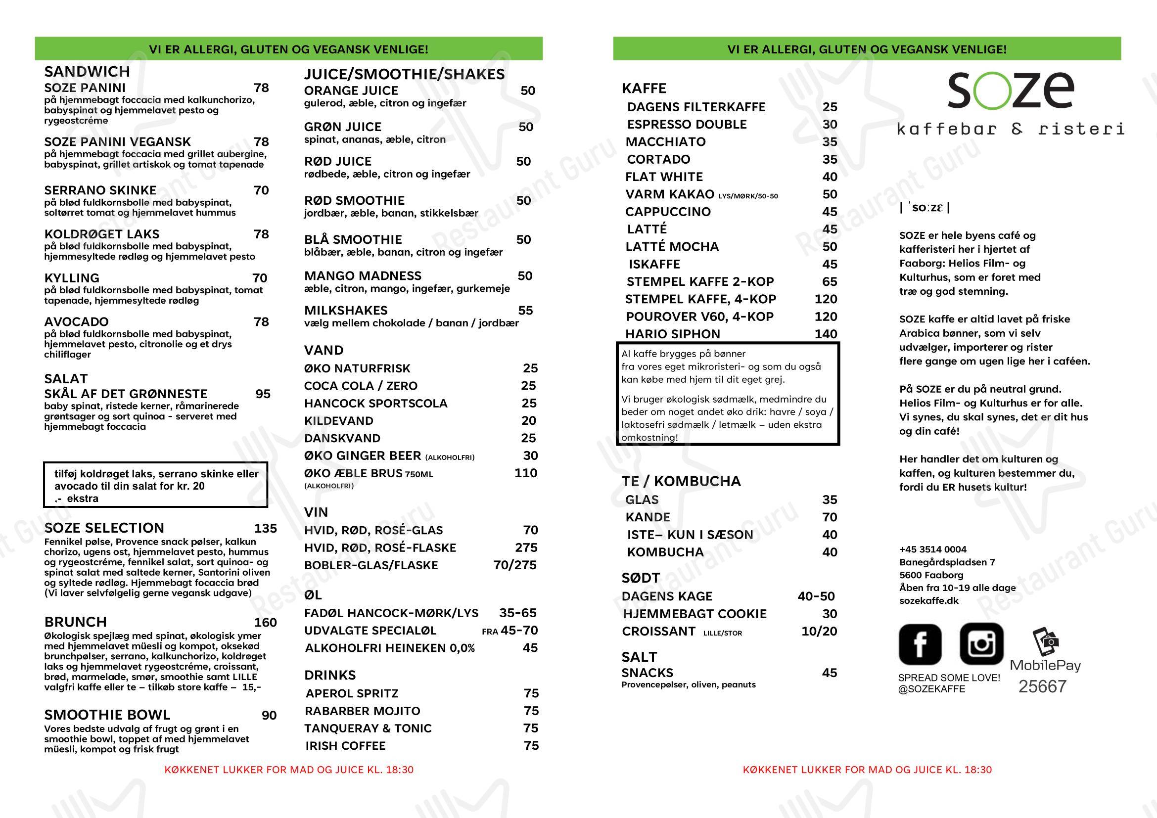 Меню кафе SOZE Kaffebar & Risteri в Фаборге