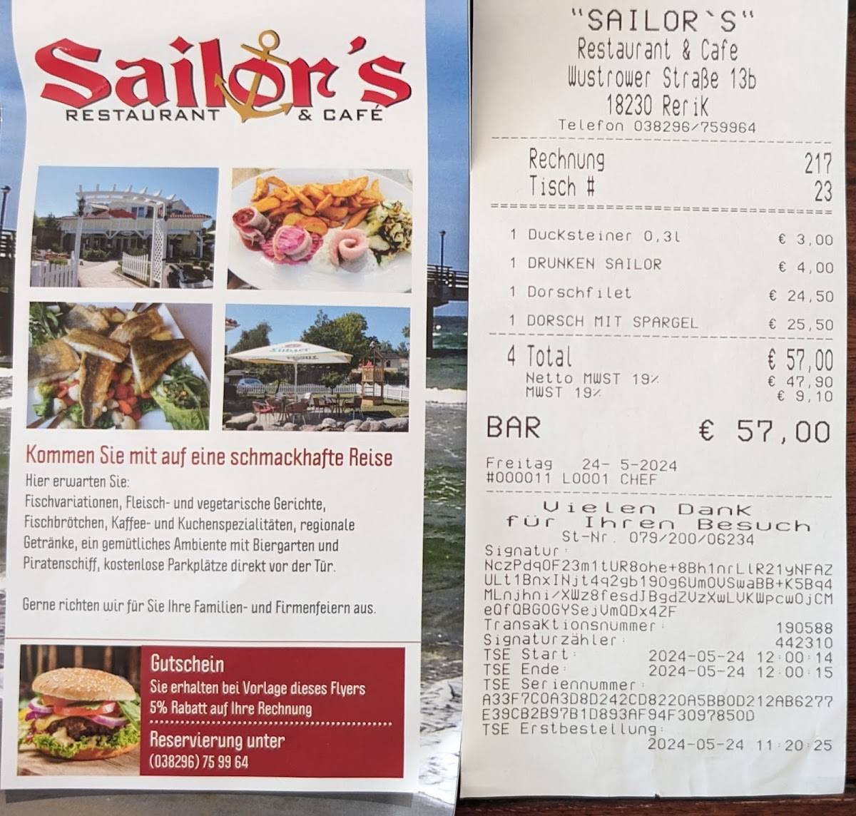 Sailor's Restaurant & Café меню
