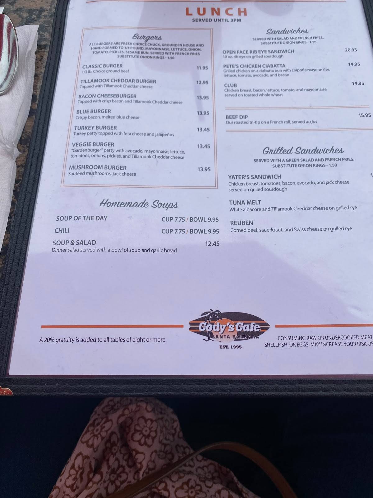 Cody's Cafe меню