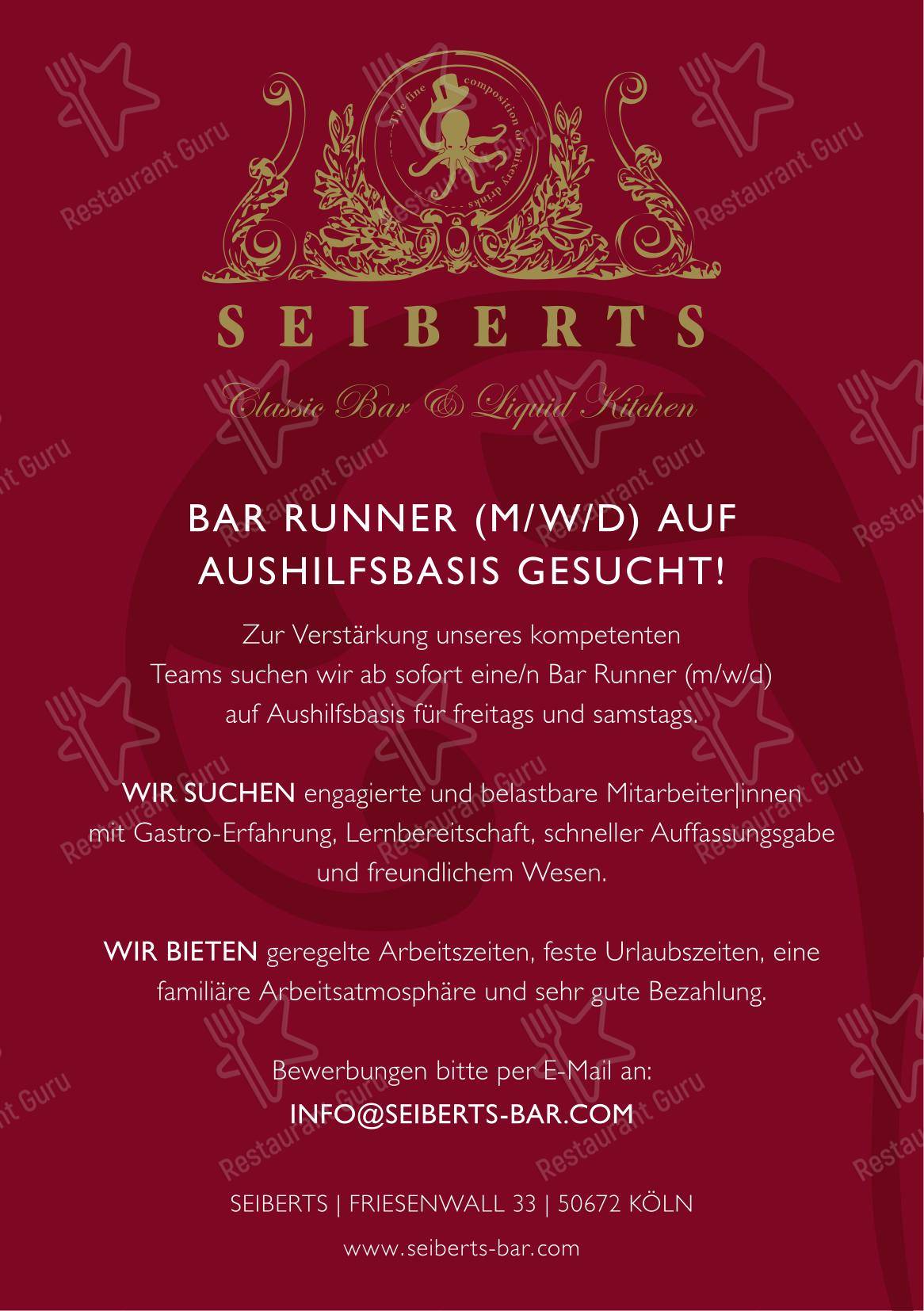 Меню паба и бара Seiberts - Classic Bar & Liquid Kitchen - Меню
