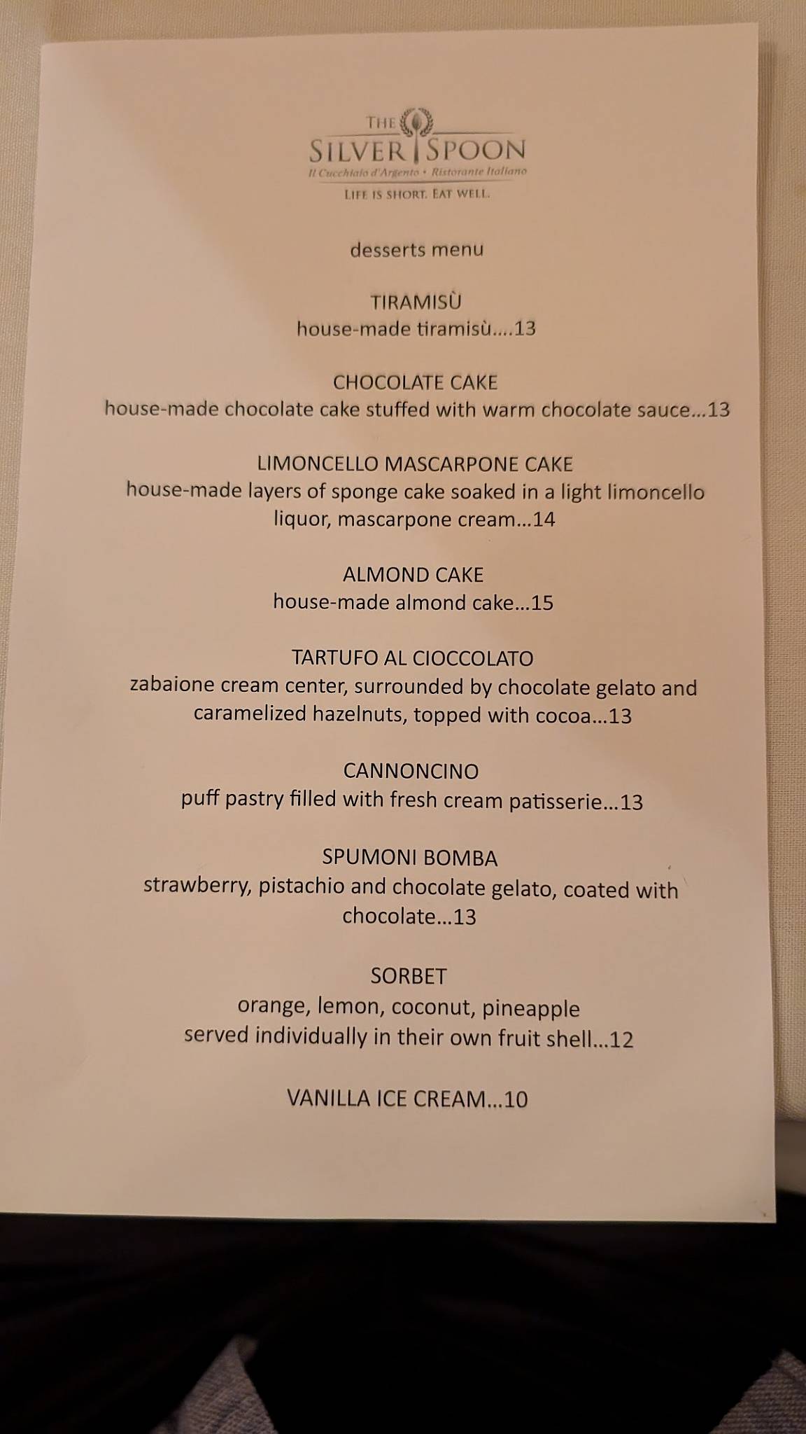 Silver Spoon Ristorante меню