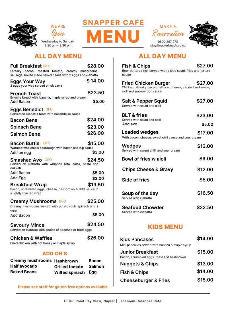 Snapper Cafe меню