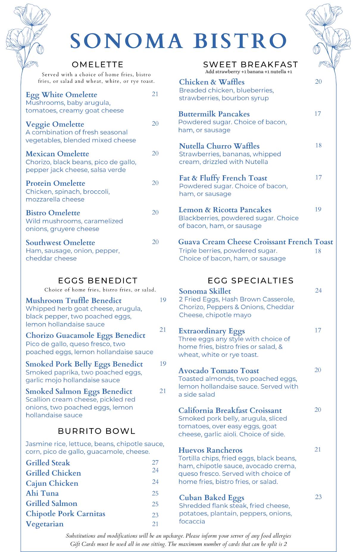 Sonoma Bistro меню
