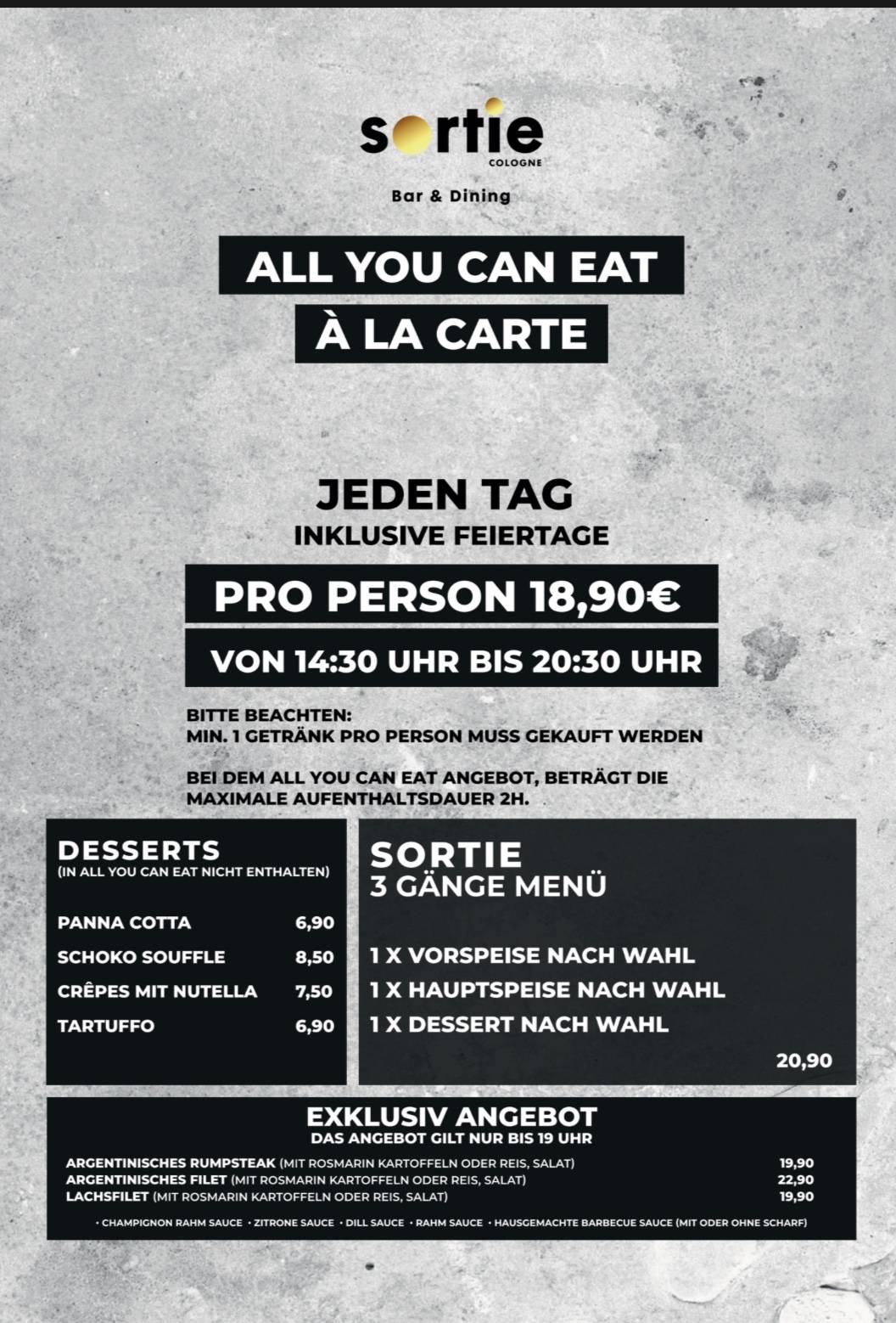 Sortie Cologne меню