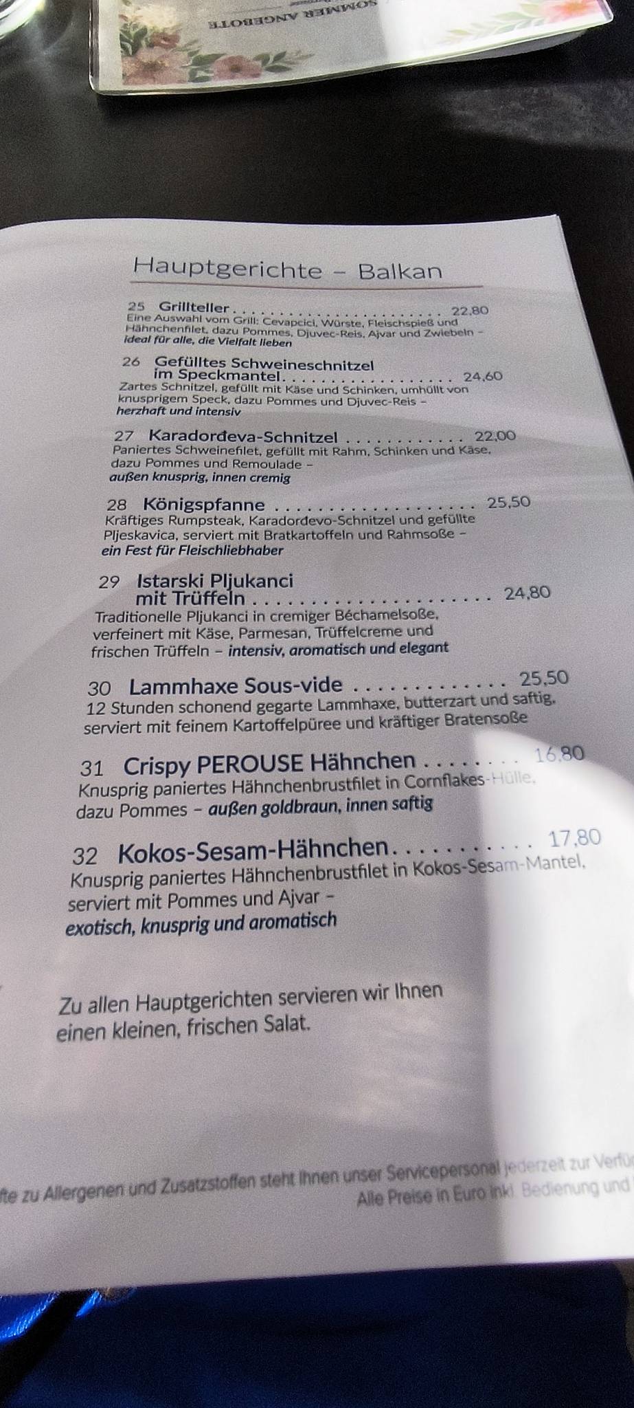 Sportheim Perouse меню