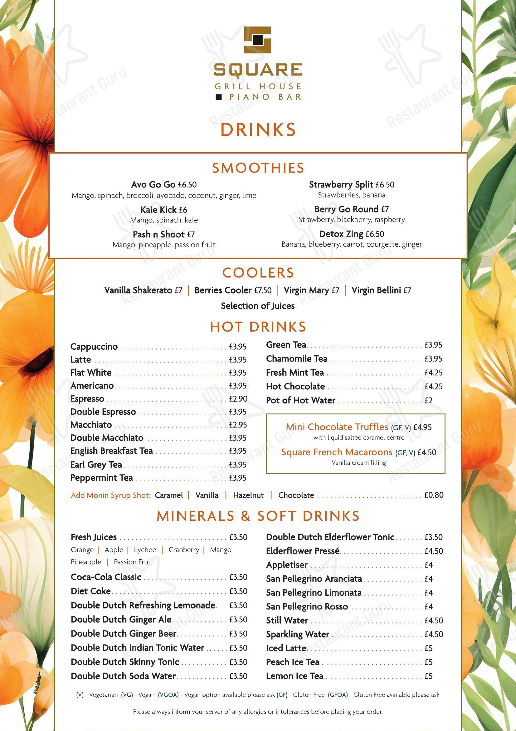 菜单 ресторана Square Grill Brasserie Restaurant & Piano Bar Bath