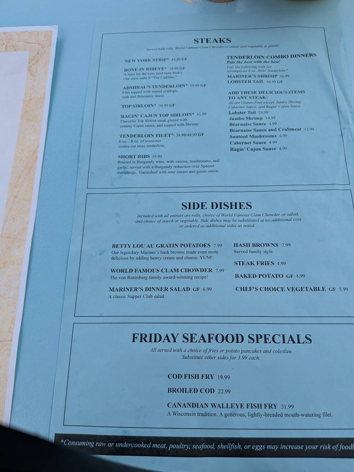 Mariner’s Inn меню