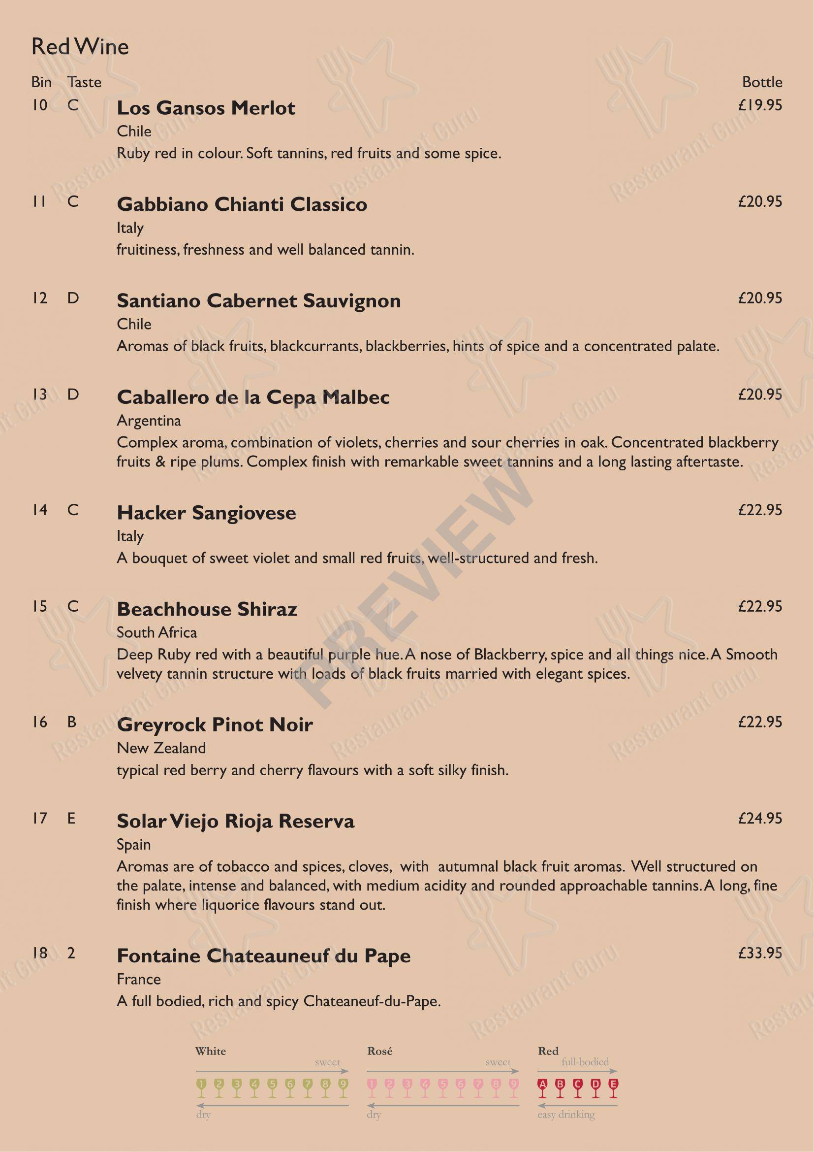 Основное меню паба и бара The Bell Inn