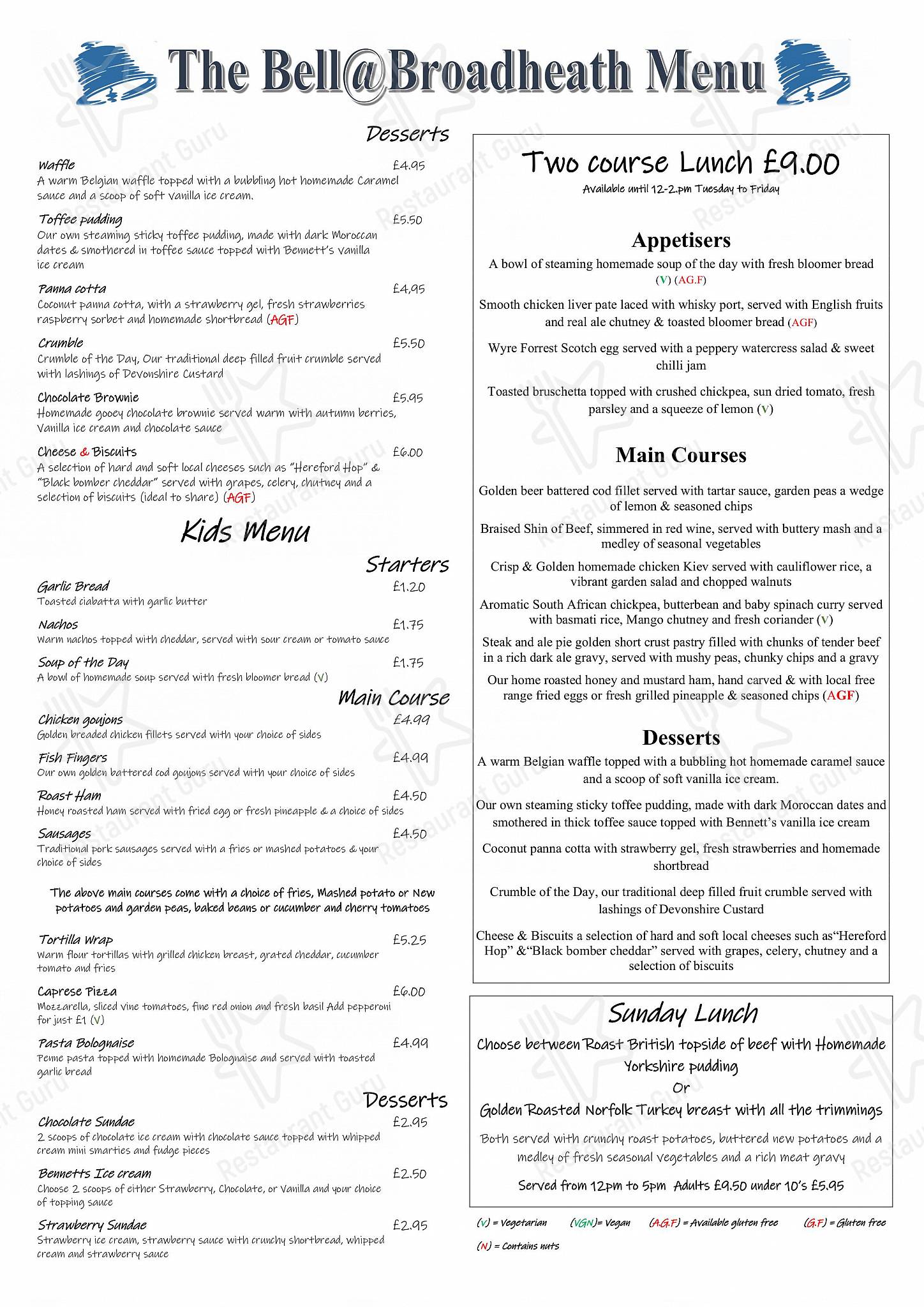 Group Booking Menu паба и бара The Bell Inn Broadheath