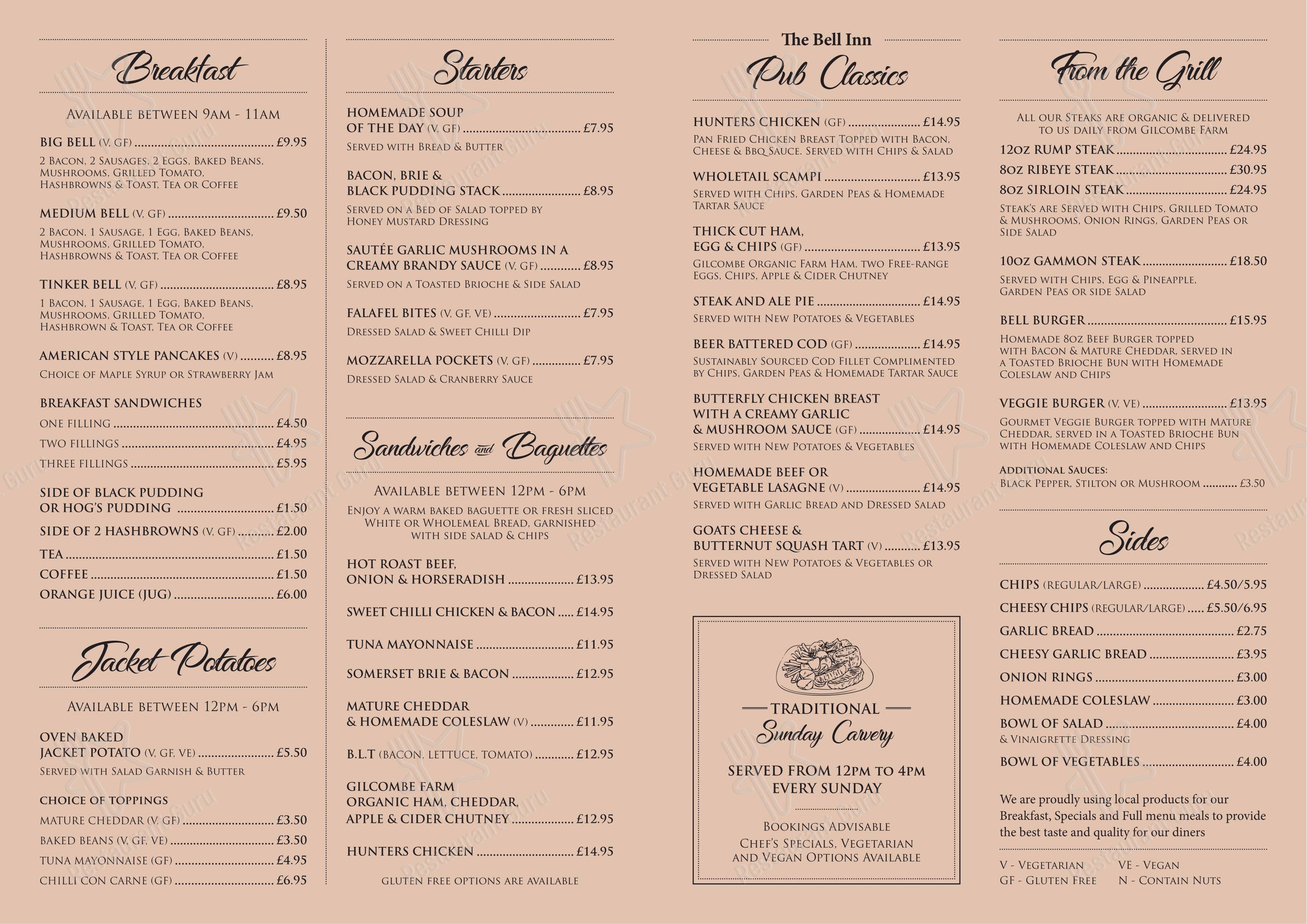 Меню паба и бара The Bell Inn - Меню напитков