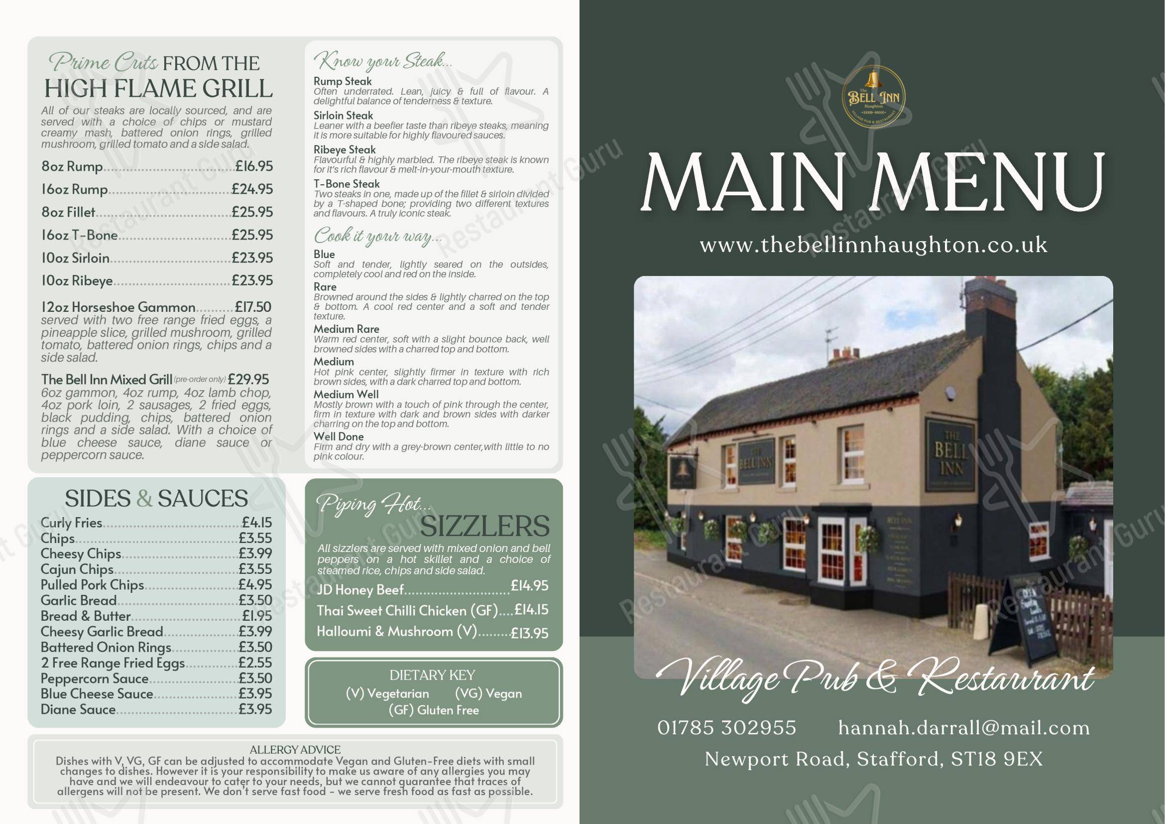 The Bell Inn в Стаффорде - Основное меню