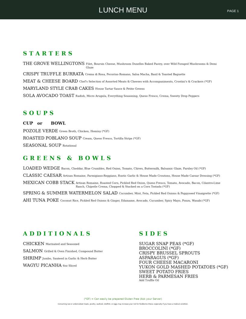 The Grove Kitchen & Gardens меню