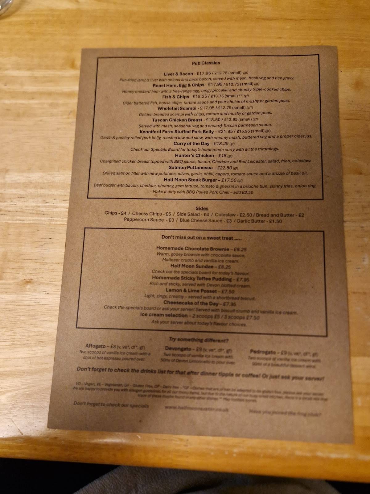 The Half Moon Inn меню