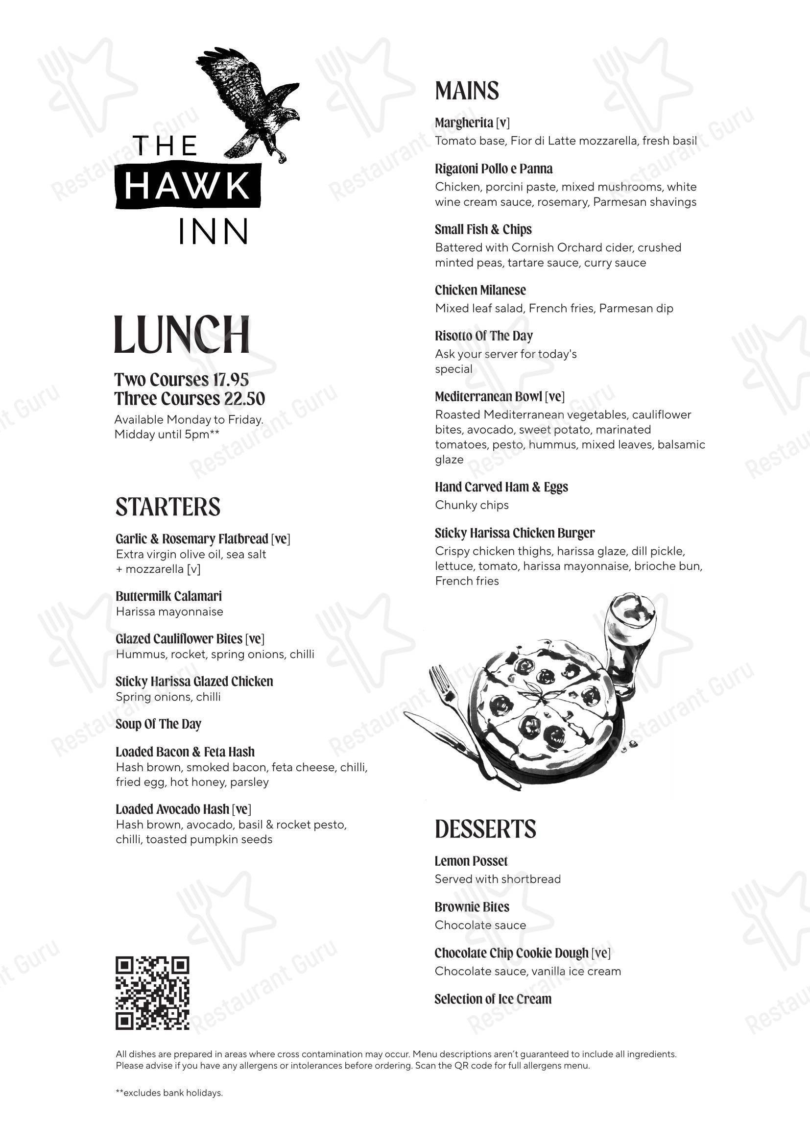 Lunch Menu паба и бара The Hawk Inn Pub with Rooms