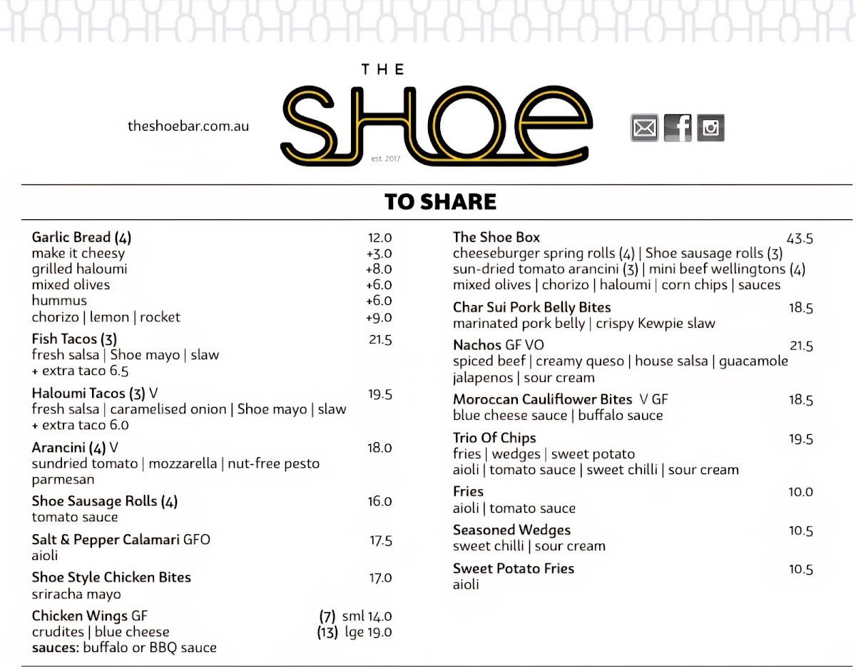 The Shoe Bar and Cafe меню
