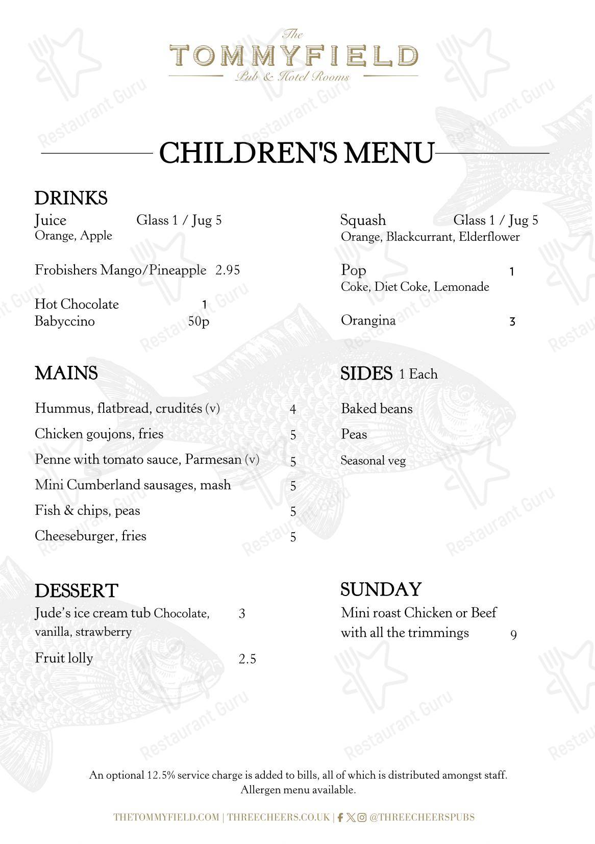 Lunch Menu паба и бара The Tommyfield в Лондоне