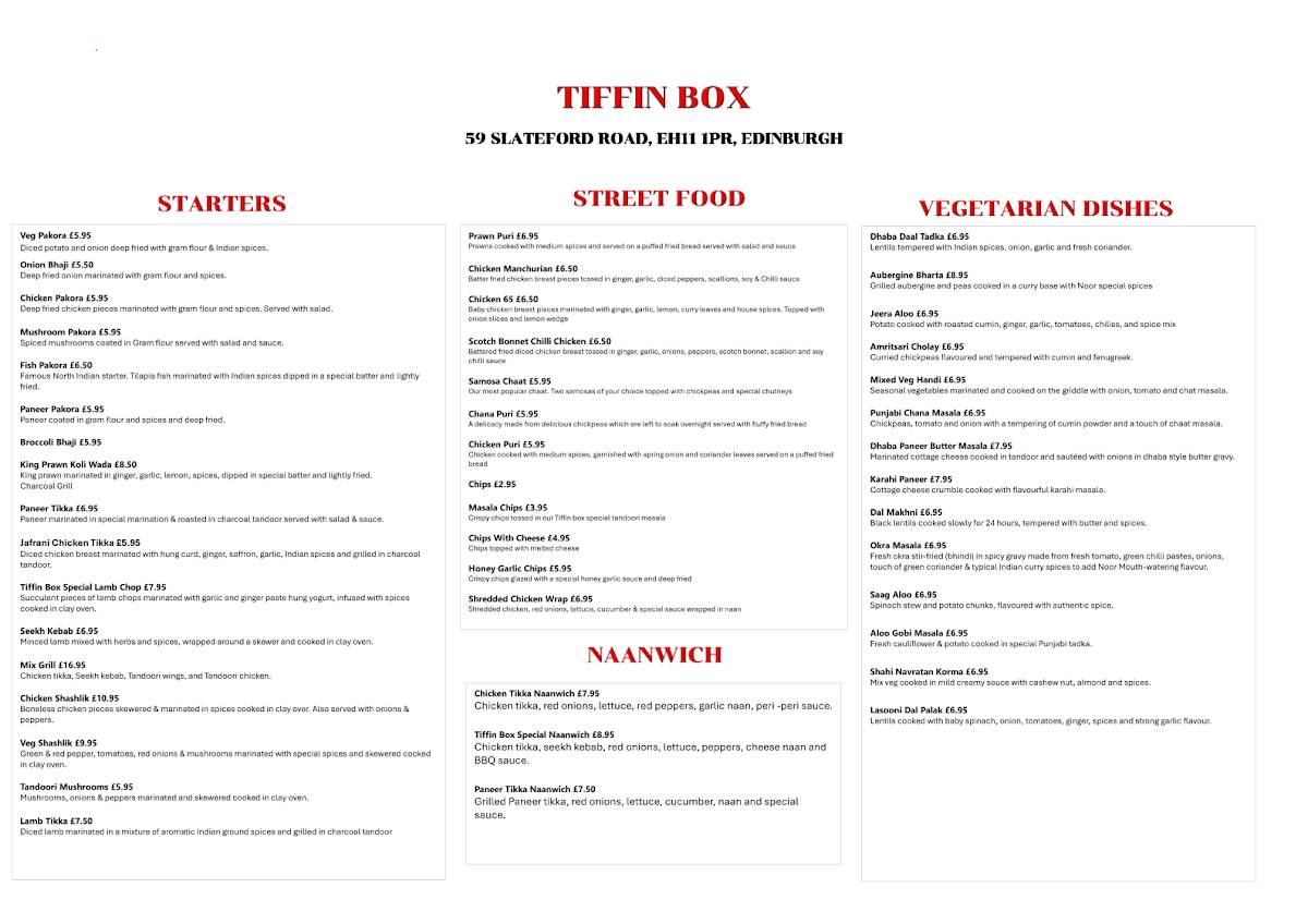 Tiffin Box меню